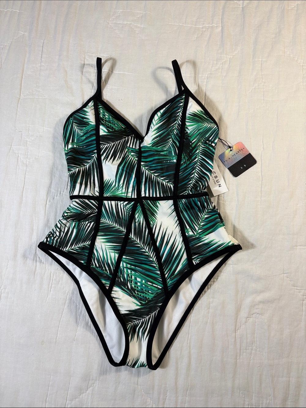 NWT PACSUN LA Hearts Tropical Palm Leaf One-Piece Swimsuit - Green & White‎